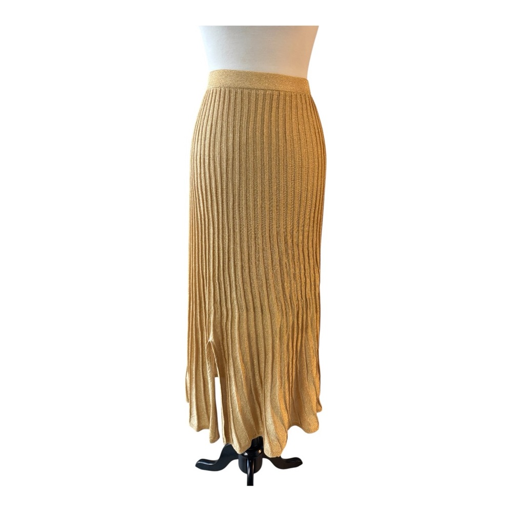 Sandro Paris Metallic Gold Pleated Midi Skirt Size 4‎ FR36 Shimmer Party Holiday - Picture 2 of 8